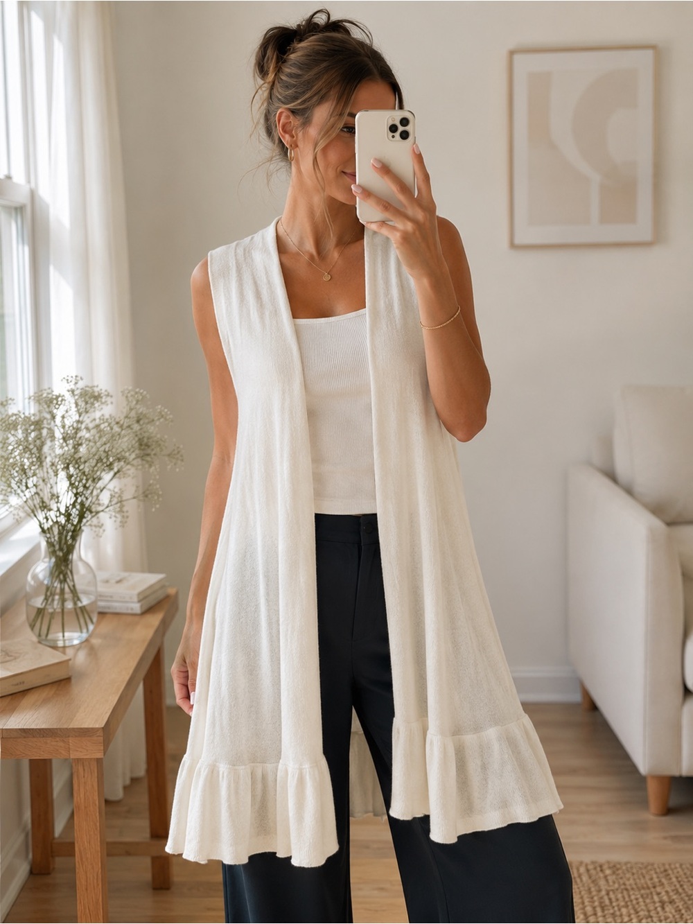 Ivory Sleeveless Cardigan Ruffle Duster Lightweight Medium
